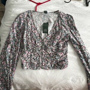 V neck floral long sleeve shirt